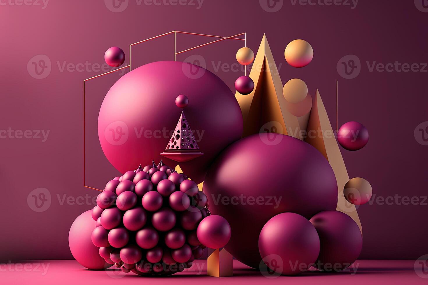 , geometric figures, cube, floating spheres and balls in magenta color. Glossy pink fluid banner, 3D scene effect, modern macro photorealistic abstract background illustration. photo