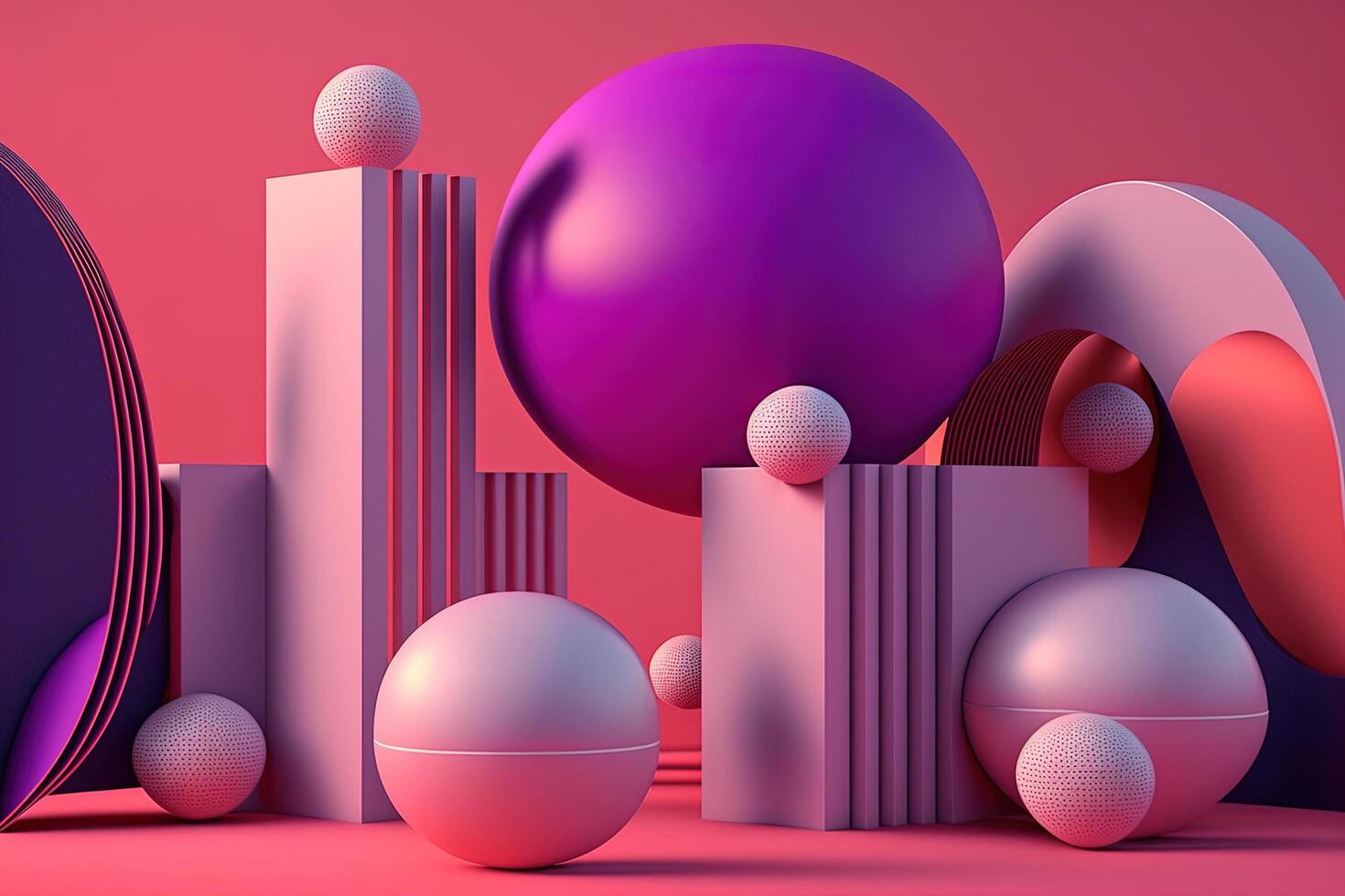 , geometric figures, cube, floating spheres and balls in magenta color. Glossy pink fluid banner, 3D scene effect, modern macro photorealistic abstract background illustration. photo