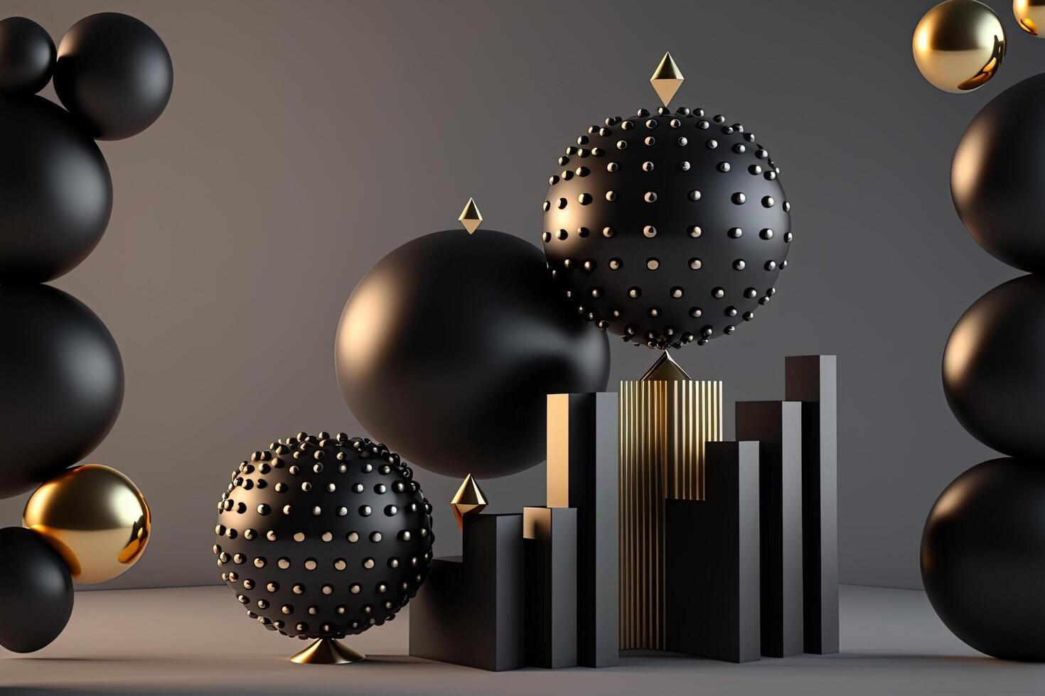 , geometric figures, cube, floating spheres and balls in black and golden color. Glossy pink fluid banner, 3D scene effect, modern macro photorealistic abstract background illustration. photo