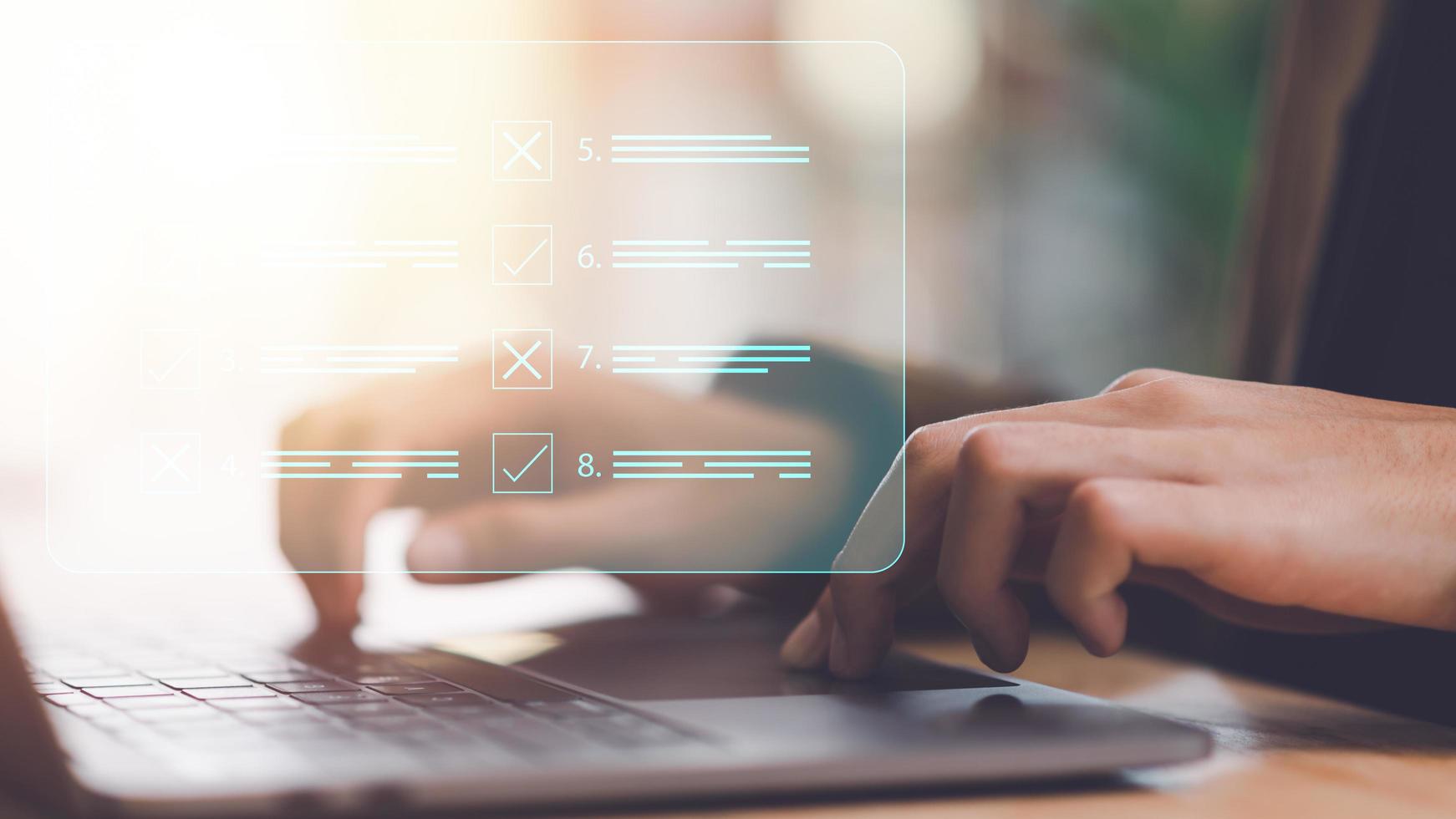 operator makes mark on the survey topic ,In virtual form check sheet, checklist ideas, checkbox to conduct opinion and quality surveys or satisfaction, Connect and work with modern wireless technology photo