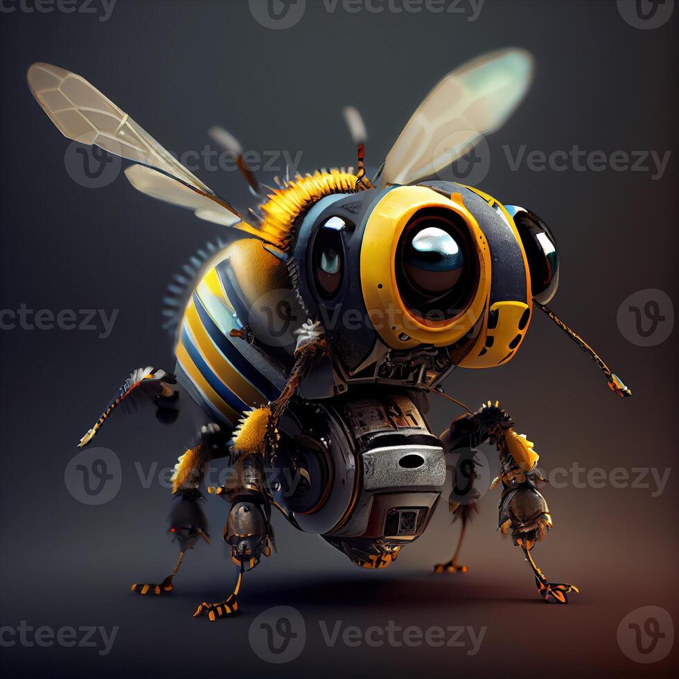 , Robot cyborg bee, concept blockchain and technology networks, yellow mechanical insect. Steampunk cyberpunk style, artificial intelligence photo