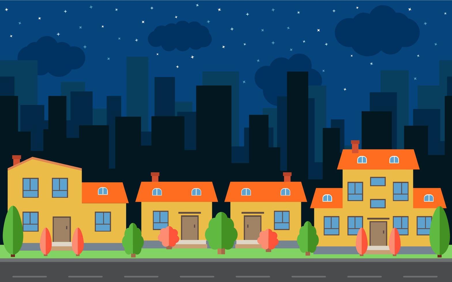 ciudad nocturna vectorial con casas y edificios de dibujos animados. espacio de la ciudad con carretera en concepto de fondo de estilo plano. paisaje urbano de verano. vista de la calle con paisaje urbano en un fondo vector