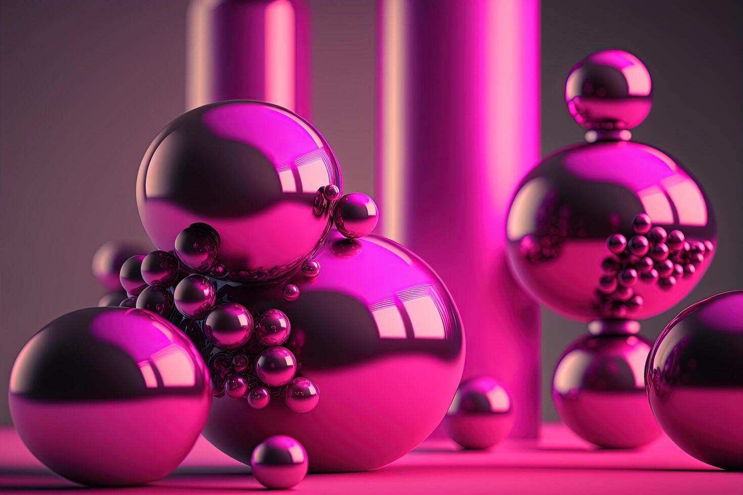 , Two big spheres and little beads, balls in magenta color. Glossy pink fluid banner, 3D scene effect, modern macro photorealistic abstract background illustration. photo