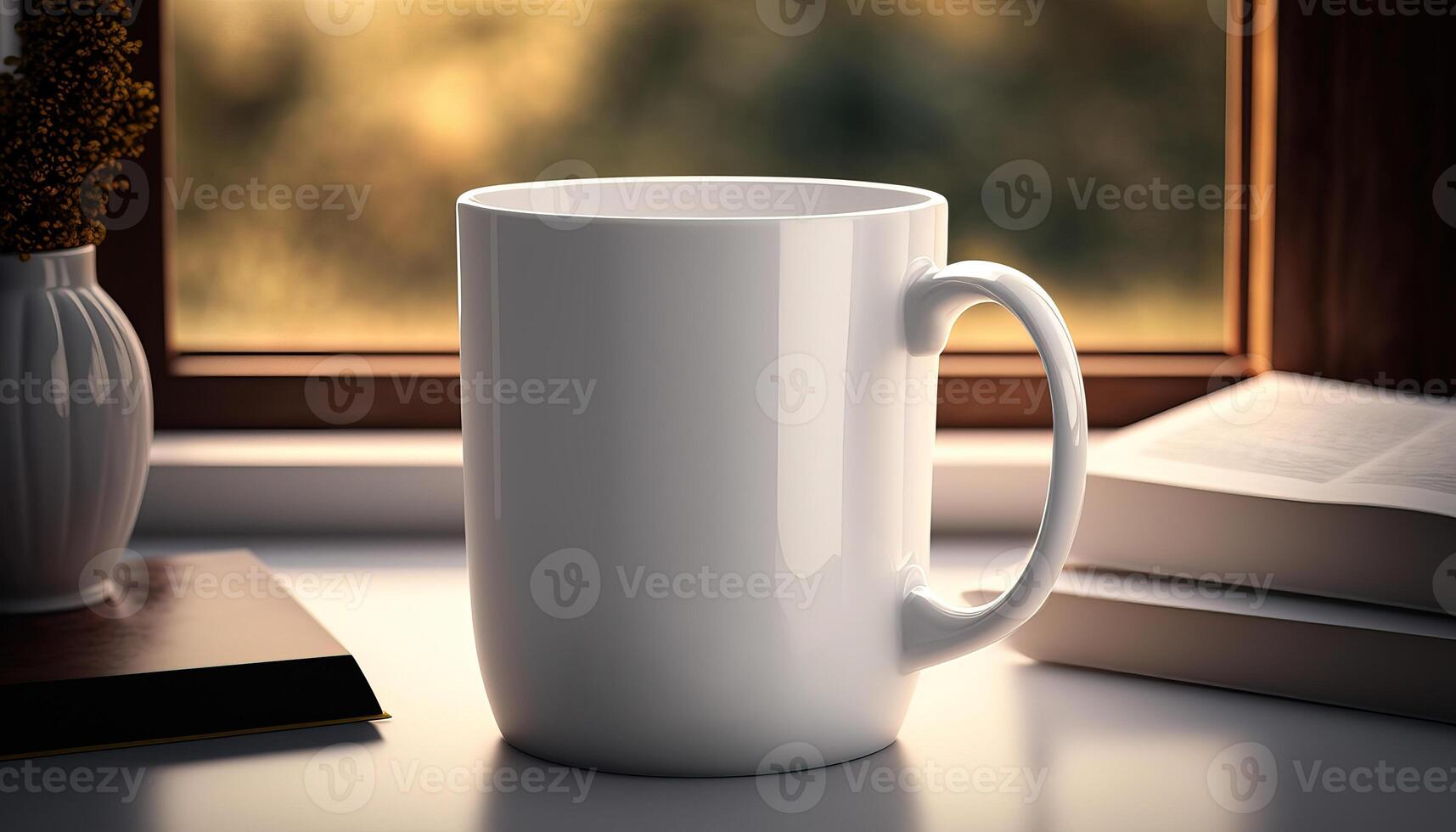 , Realistic white ceramic cup set-up in at home interior, mug mock up blank. Photorealistic illustration photo