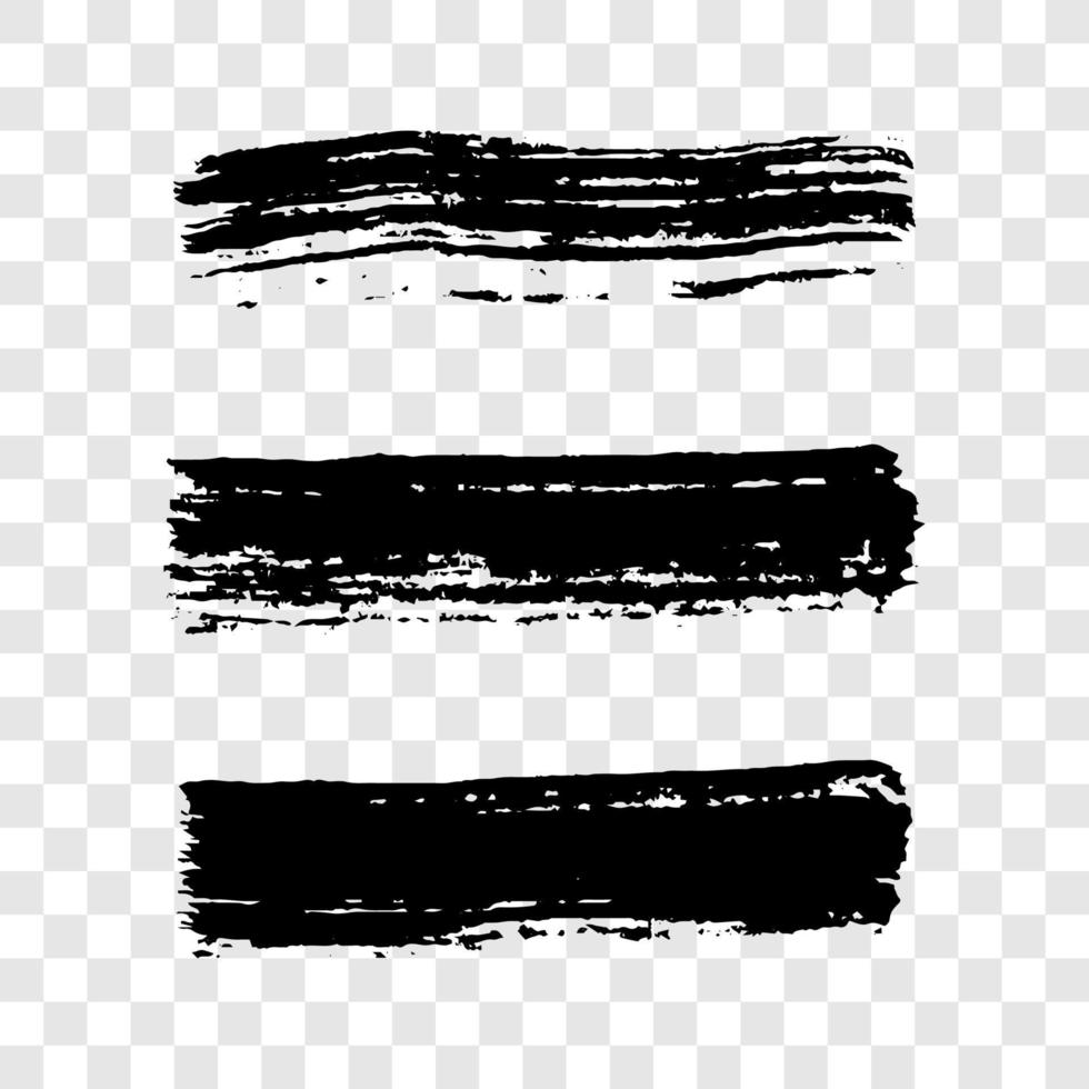 negro grunge cepillo trazos conjunto de Tres pintado cepillo tinta rayas. tinta Mancha aislado vector