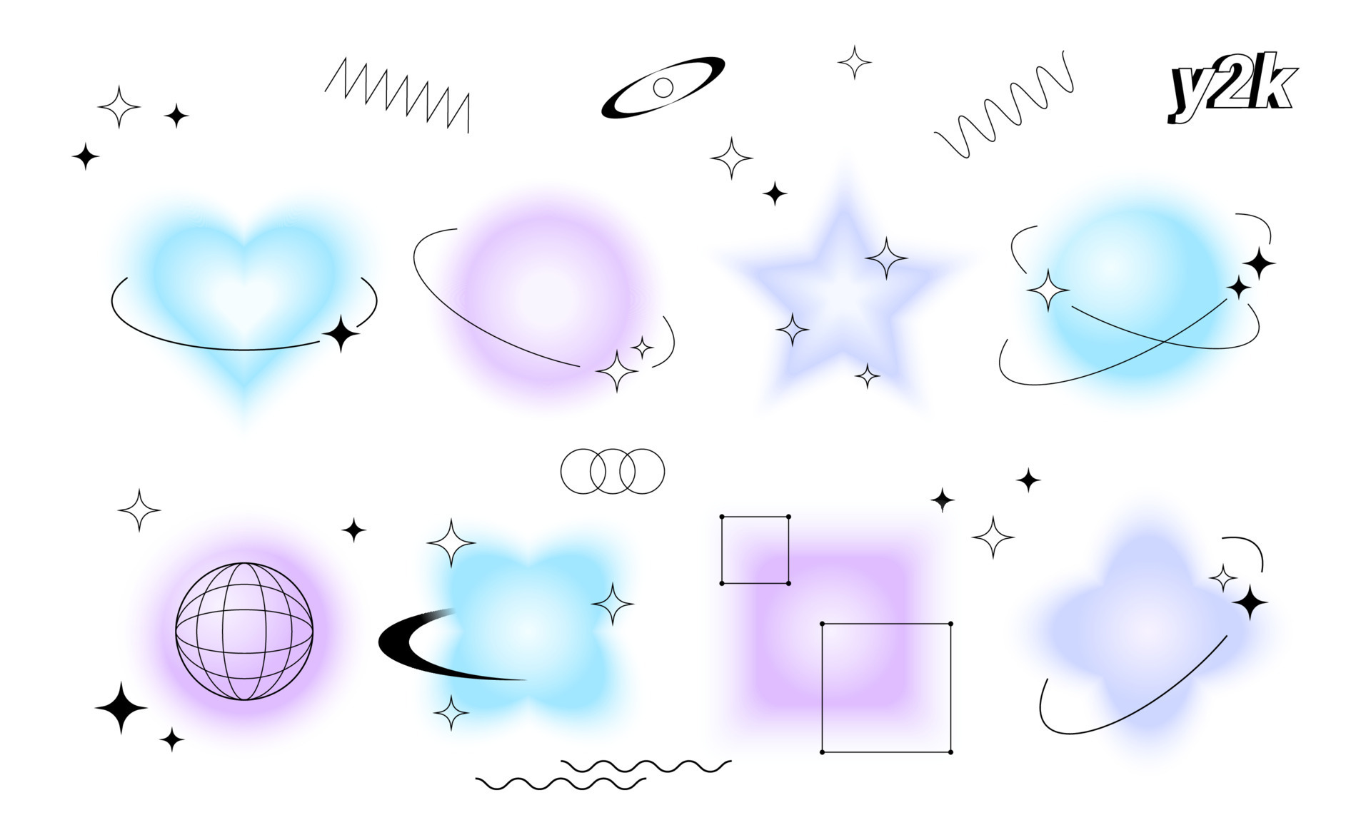 Set of vector blurry figures and shapes with retro Y2K frames with