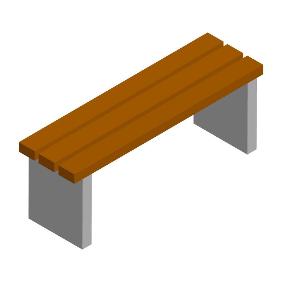 Simple brown city bench in isometric view isolated on white. Concrete base and wooden seat. Vector EPS10.