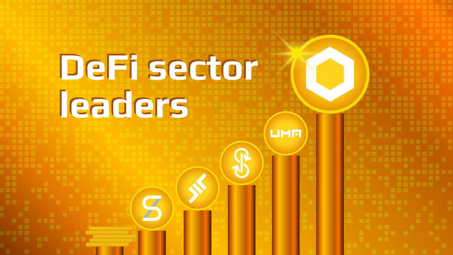 Cryptocurrency coins of DeFi sector on gold pedestals. DeFi altcoins ranked by volume. Vector EPS10.