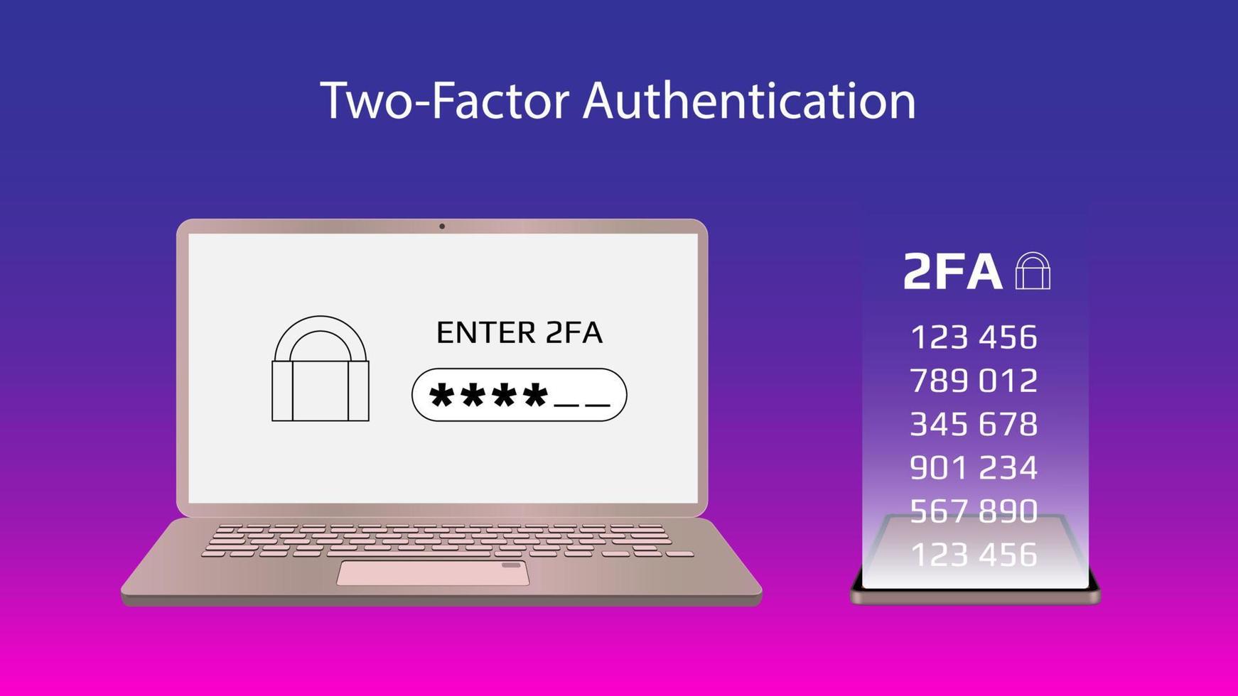 Concept of 2FA two-factor authentication with a laptop and codes on a smartphone. Protecting your money. Unlocking via mobile phone. Vector illustration for website or banner.