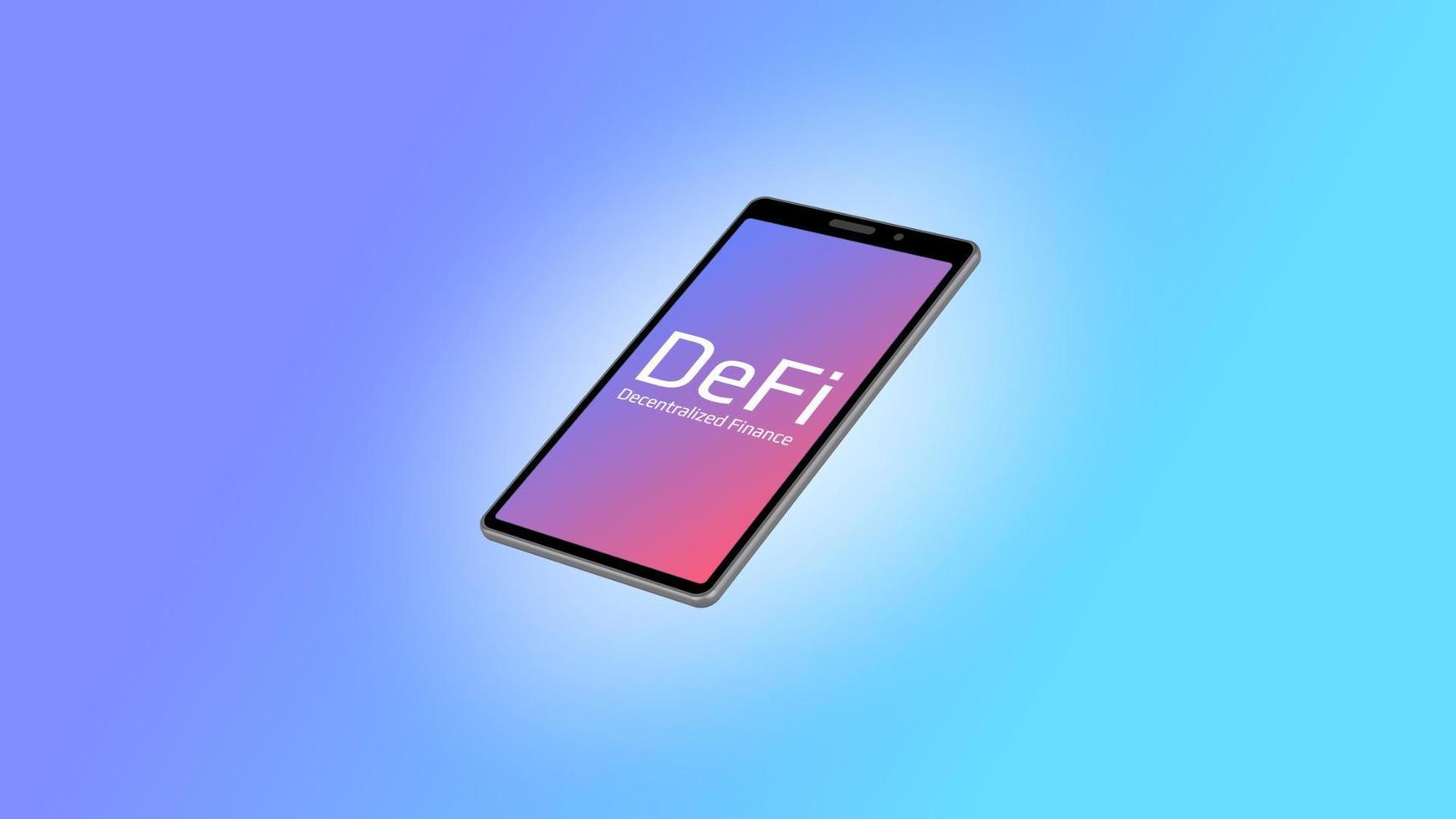 Realistic isometric smartphone with DeFi decentralized finance text and coins icons around on a light background. Beautiful gradient blue to pink. Vector 10.