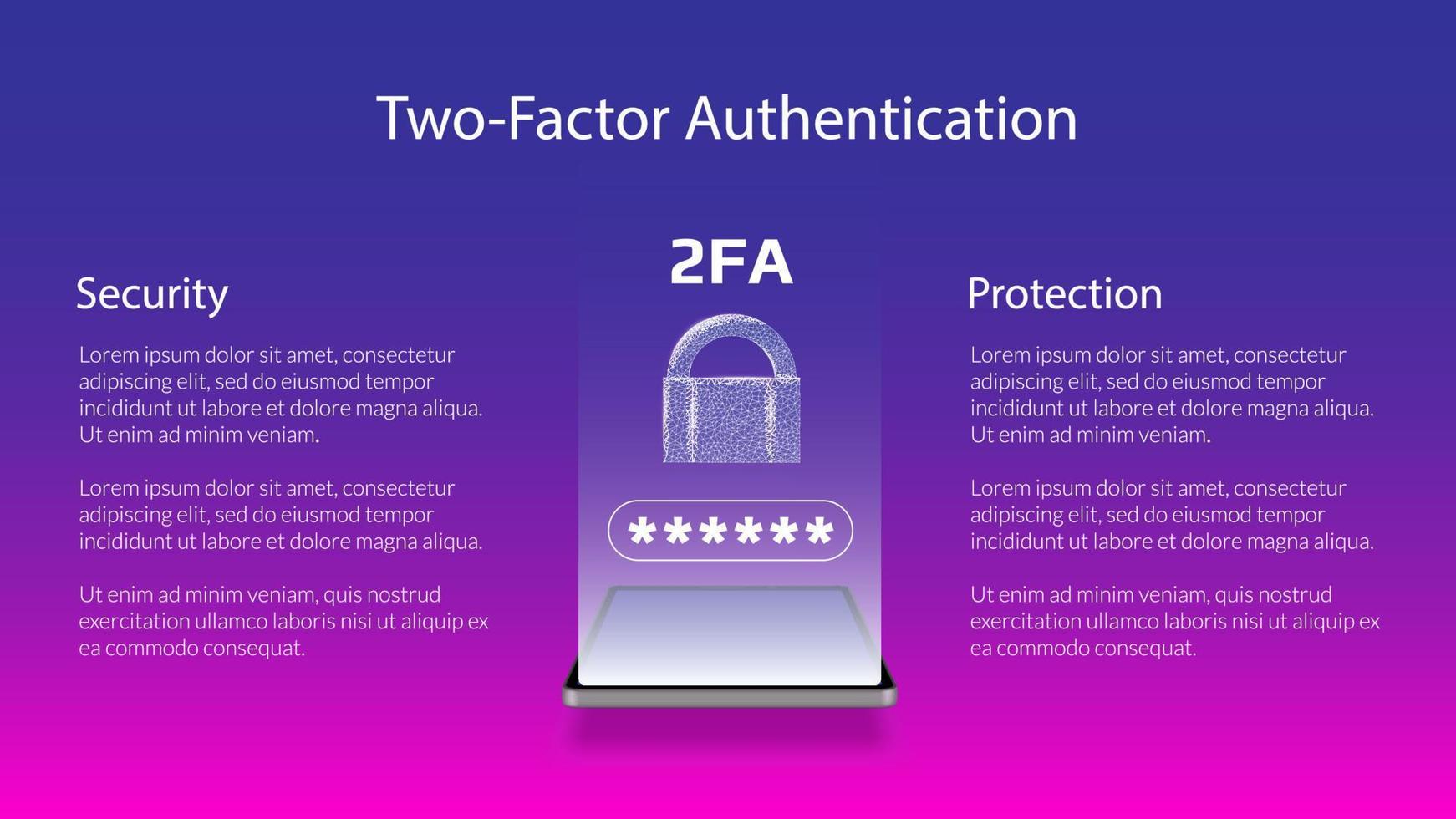 Banner for 2FA two-factor authentication with smartphone and padlock. Protecting your money. Unlocking via mobile phone. Vector illustration for a website.