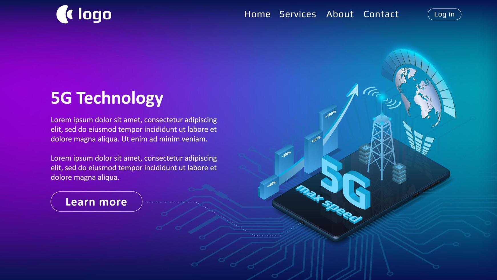 5G internet technology website template with isometric phone on blue background. Up arrow with percentage bars and signal tower. Vector illustration.