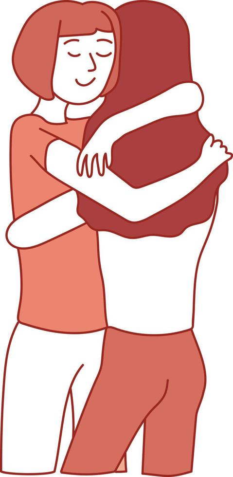 Two girls are hugging. Simple hand drawn line art symbolizes friendship, love and support. Pale orange colors. Isolated on white background vector