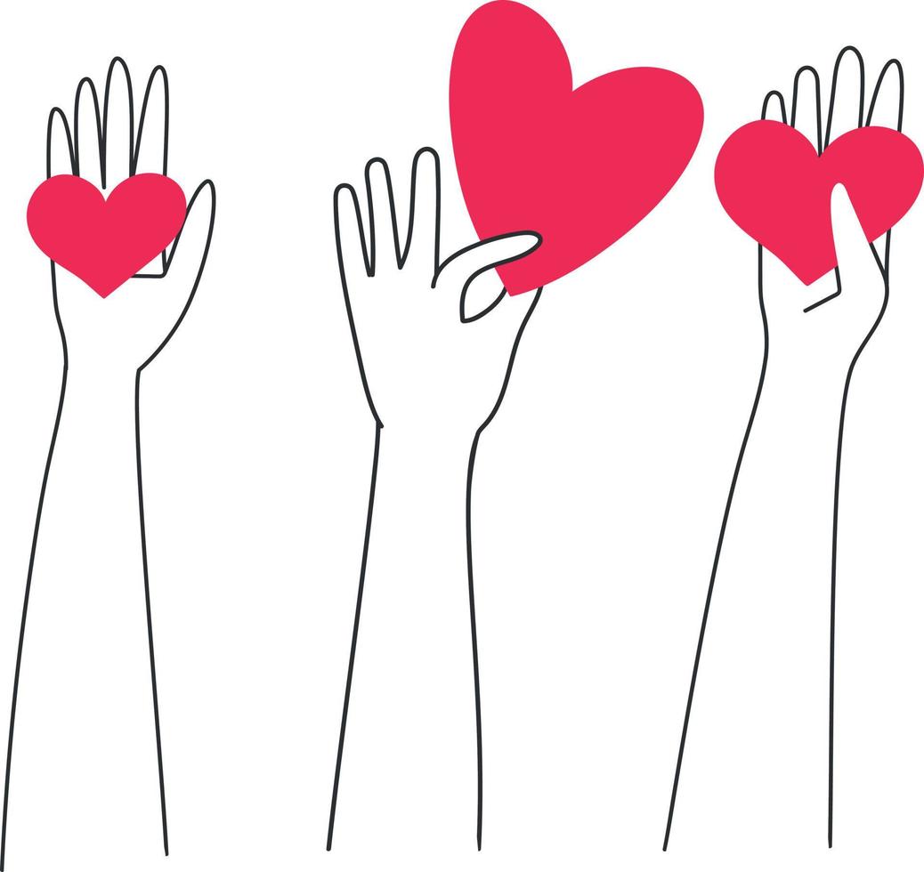 Simple hand drawn hands with hearts. Symbol of love and peace. Giving love. Vector art