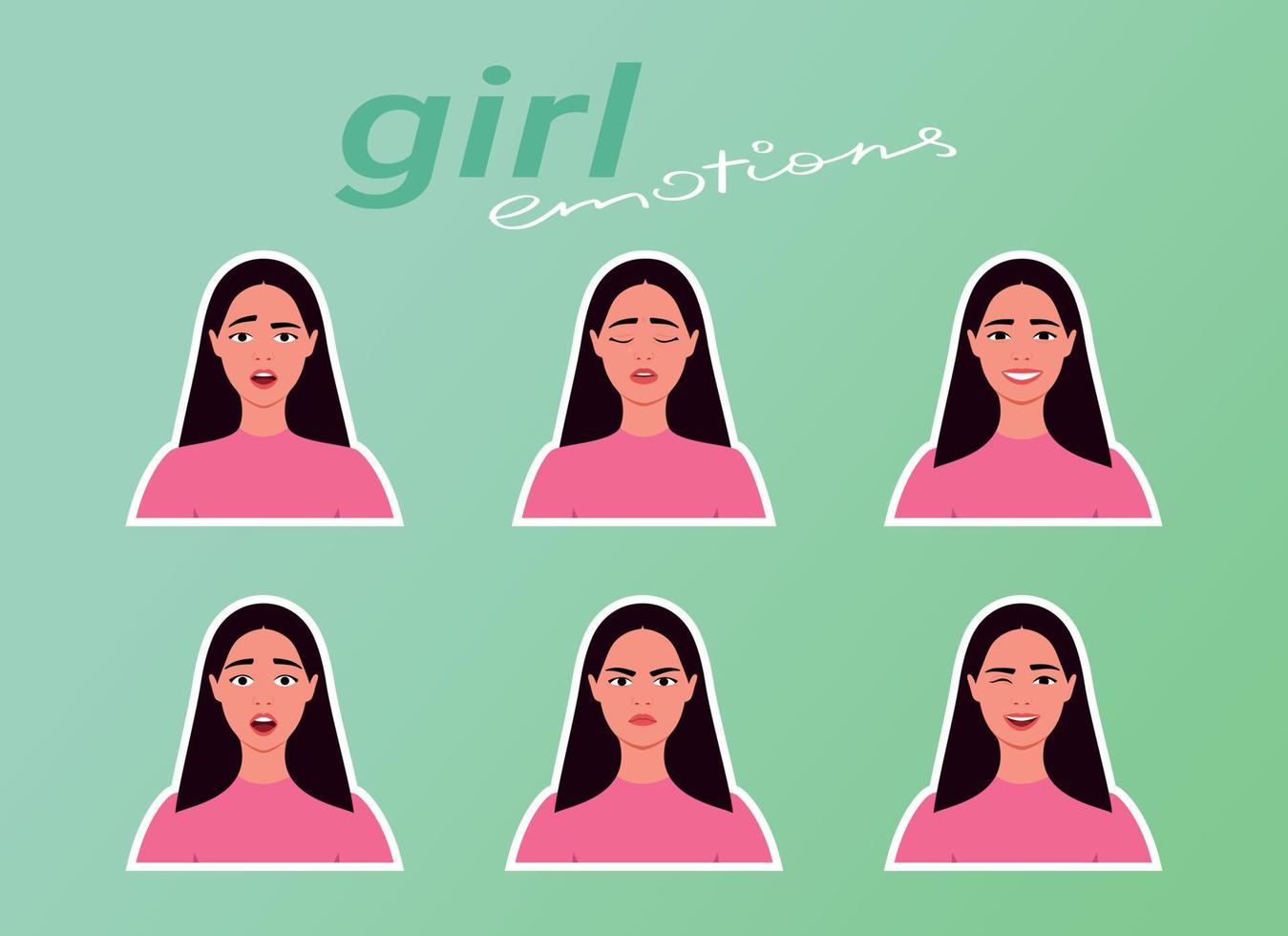 Girl emotions sticker pack. Human emotions. Young woman confusing, crying, smiling, scared, angry and laughing. Confusion, sadness, joy, fear, anger and fun. Flat style vector