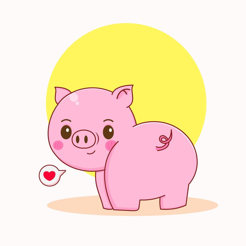 cute happy pig looking back character cartoon illustration vector