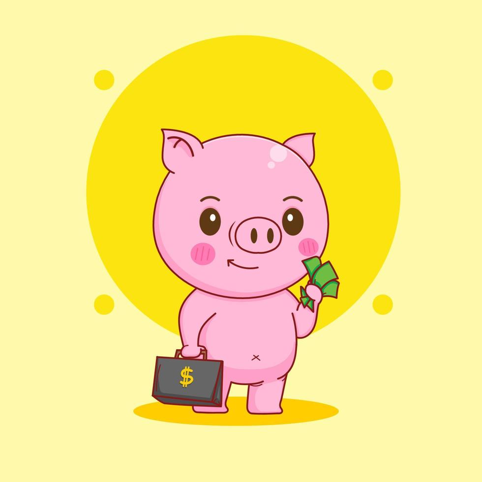 cute rich pig with suitcase holding money character cartoon illustration vector