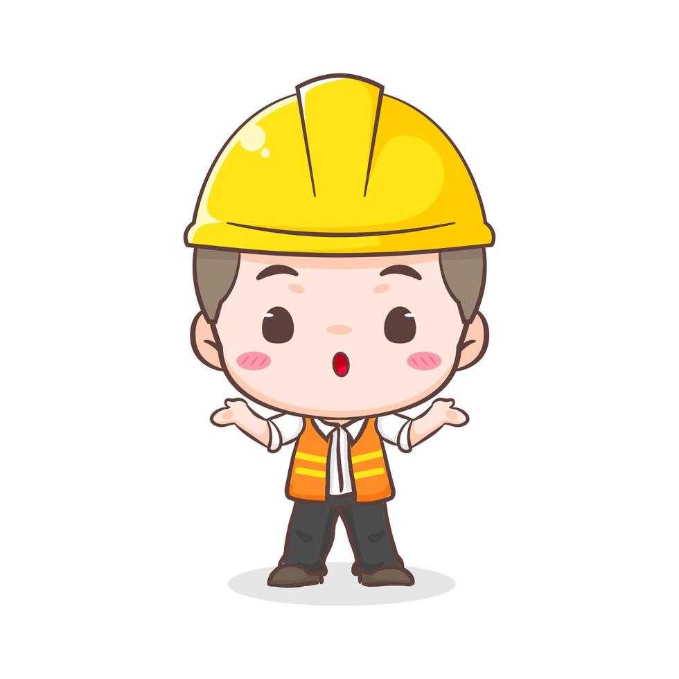 Cute Contractor or architecture Cartoon Character asking questions. People Building Icon Concept design. Isolated Flat Cartoon Style. Vector art illustration