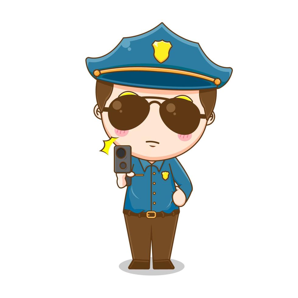 Cute police boy holding gun isolated white background vector