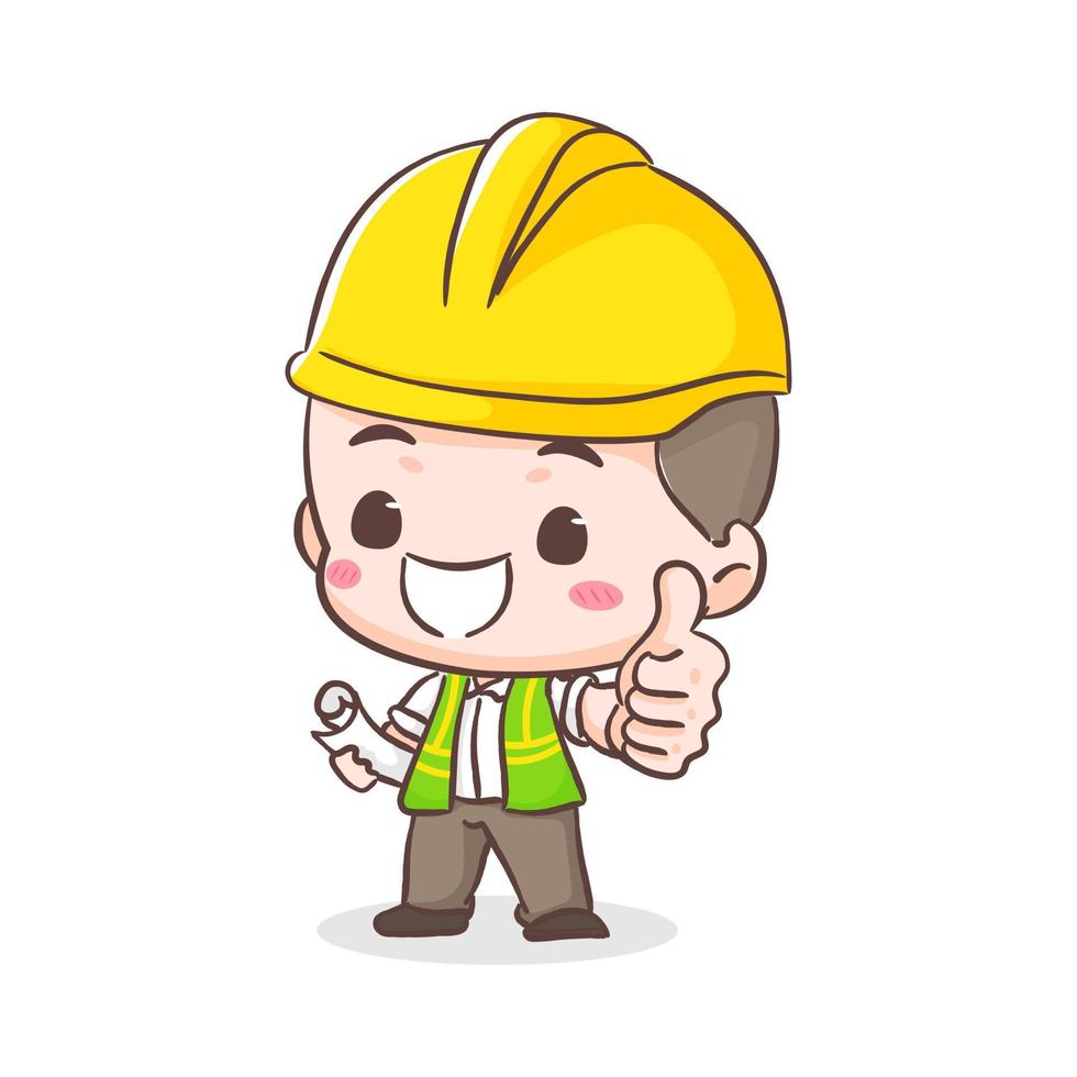 Cute Contractor or architecture Cartoon Character showing thumbs up. People Building Icon Concept design. Isolated Flat Cartoon Style. Vector art illustration