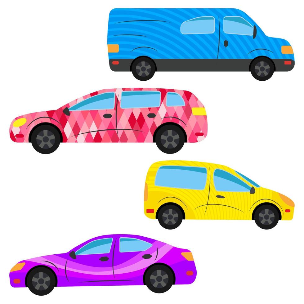 un conjunto de cuatro coches pintados en diferentes colores. ilustración vectorial vector