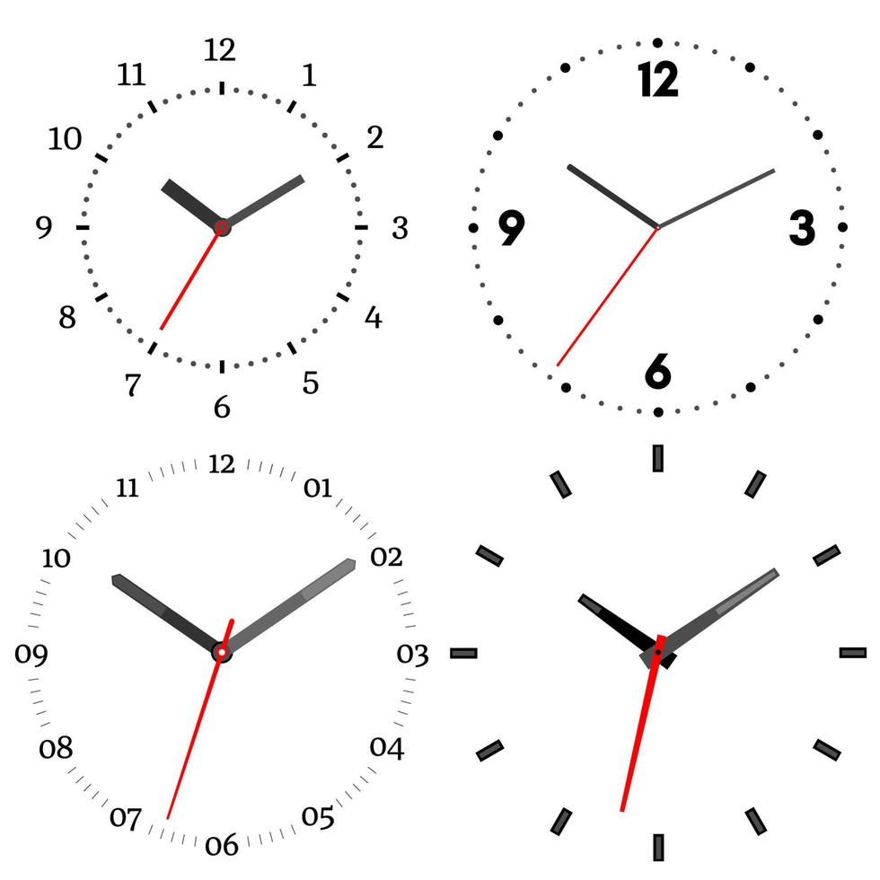 un conjunto de cuatro mecánico relojes reloj cara en blanco antecedentes. vector