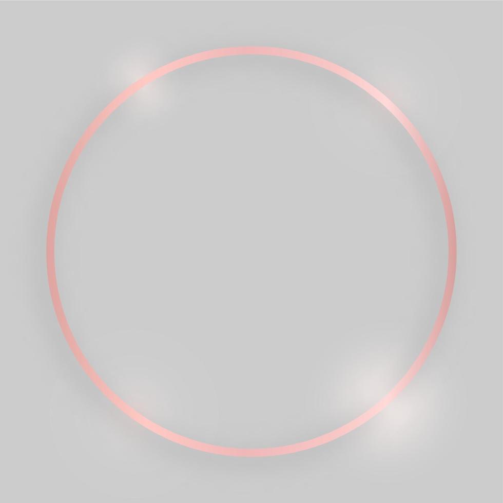 Shiny frame with glowing effects. Rose gold round frame with shadow on grey background. Vector illustration