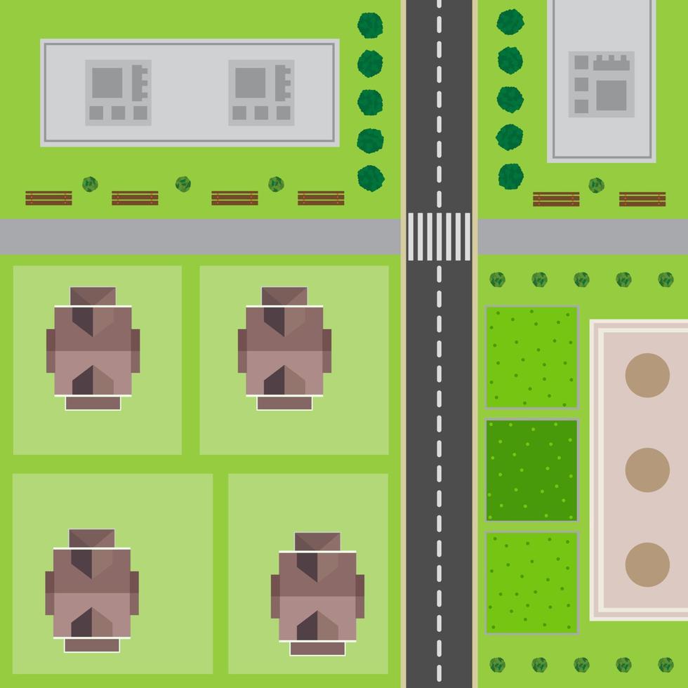 Plan Of City. Top view of the city with the road, high-rise buildings, trees, shrubs and private houses. vector
