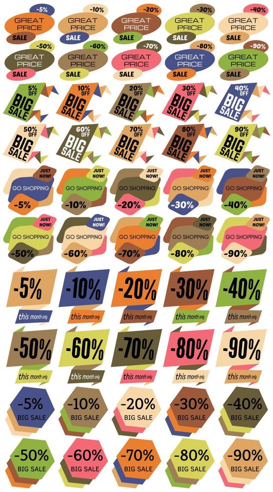 Set of Sale Discount Labels, Tags, Emblems. Web collection of stickers and badges for sale. Isolated vector illustration.