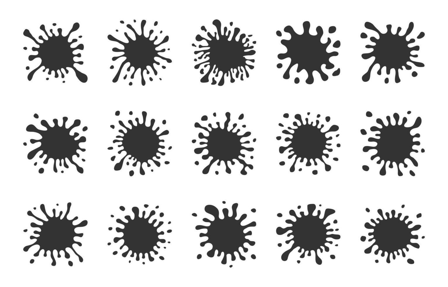 Set of Fifteen Dark Hand Drawn Paint Splashes with small splashes and shadows. Vector illustration