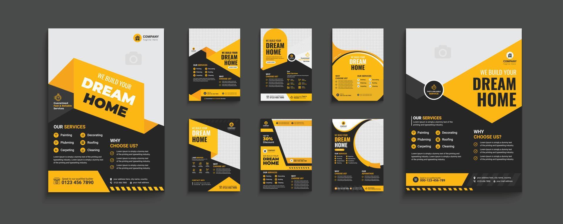 construction mega business flyer bundle, contractor flyer design, handyman home repair a4 poster, Renovation banner Template, hvac flyer layout template, excavator report template design bundle vector