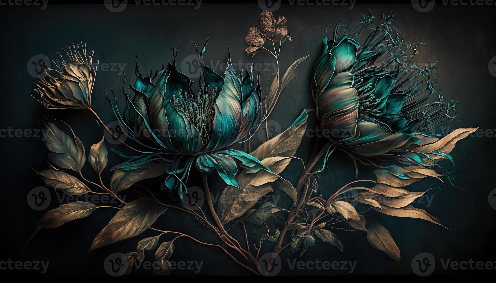 , Close up of blooming flowerbeds of amazing teal flowers on dark moody floral textured background. Photorealistic effect. photo