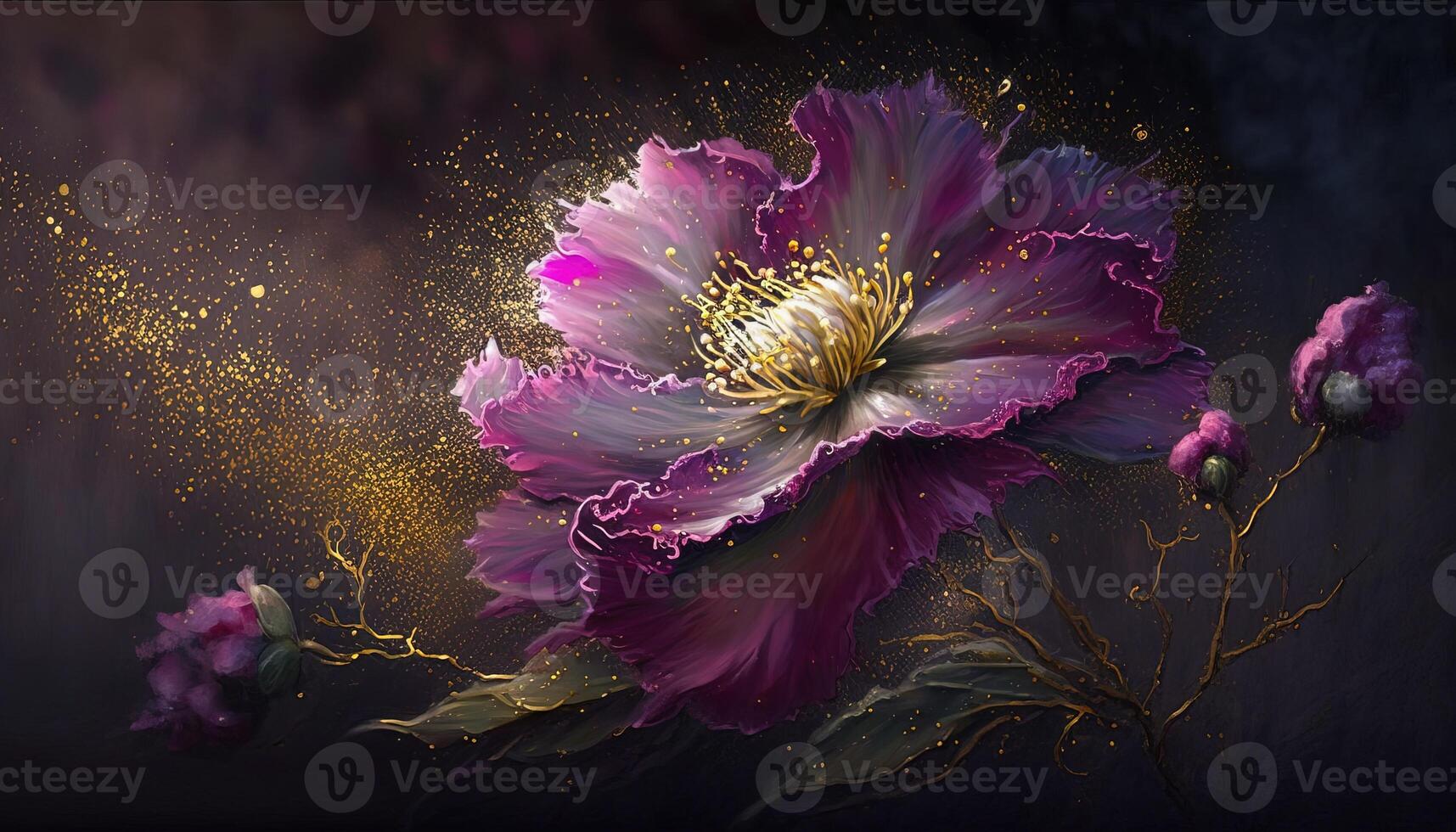 , Close up of blooming flowerbeds of amazing viva magenta flowers on dark moody floral textured background with golden particles. Photorealistic paint effect. photo