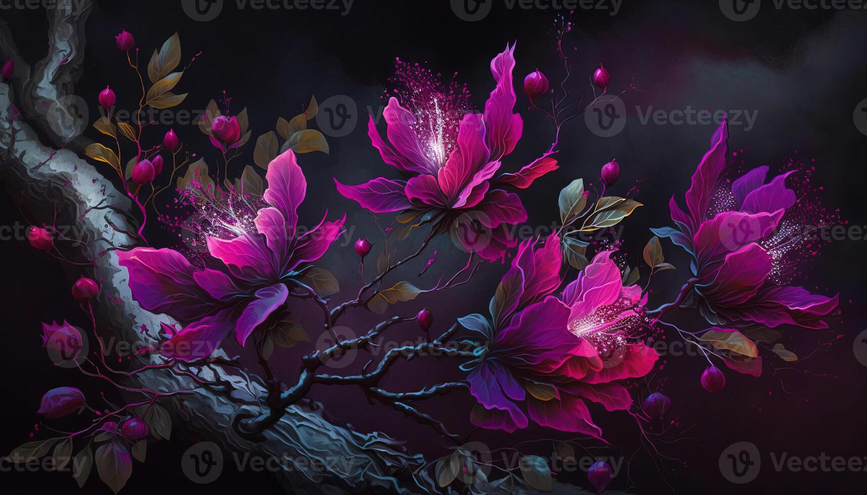, Close up of blooming flowerbeds of amazing viva magenta flowers on dark moody floral textured background with golden particles. Photorealistic paint effect. photo