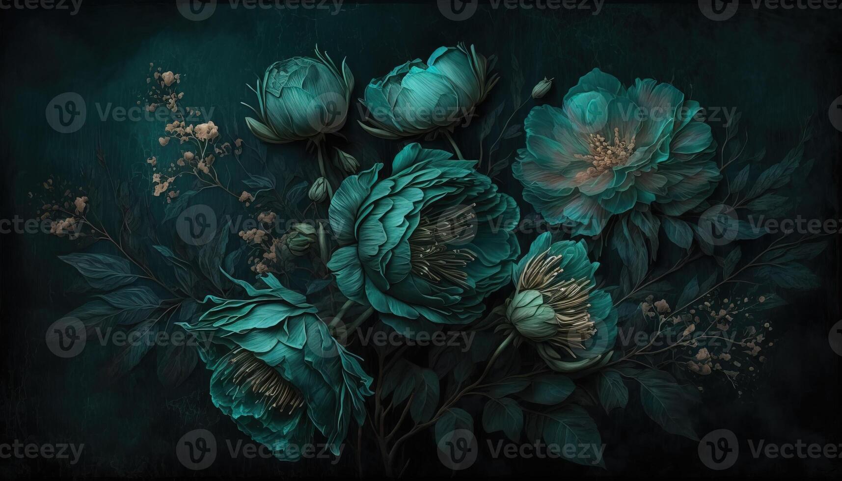 , Close up of blooming flowerbeds of amazing teal flowers on dark moody floral textured background. Photorealistic effect. photo