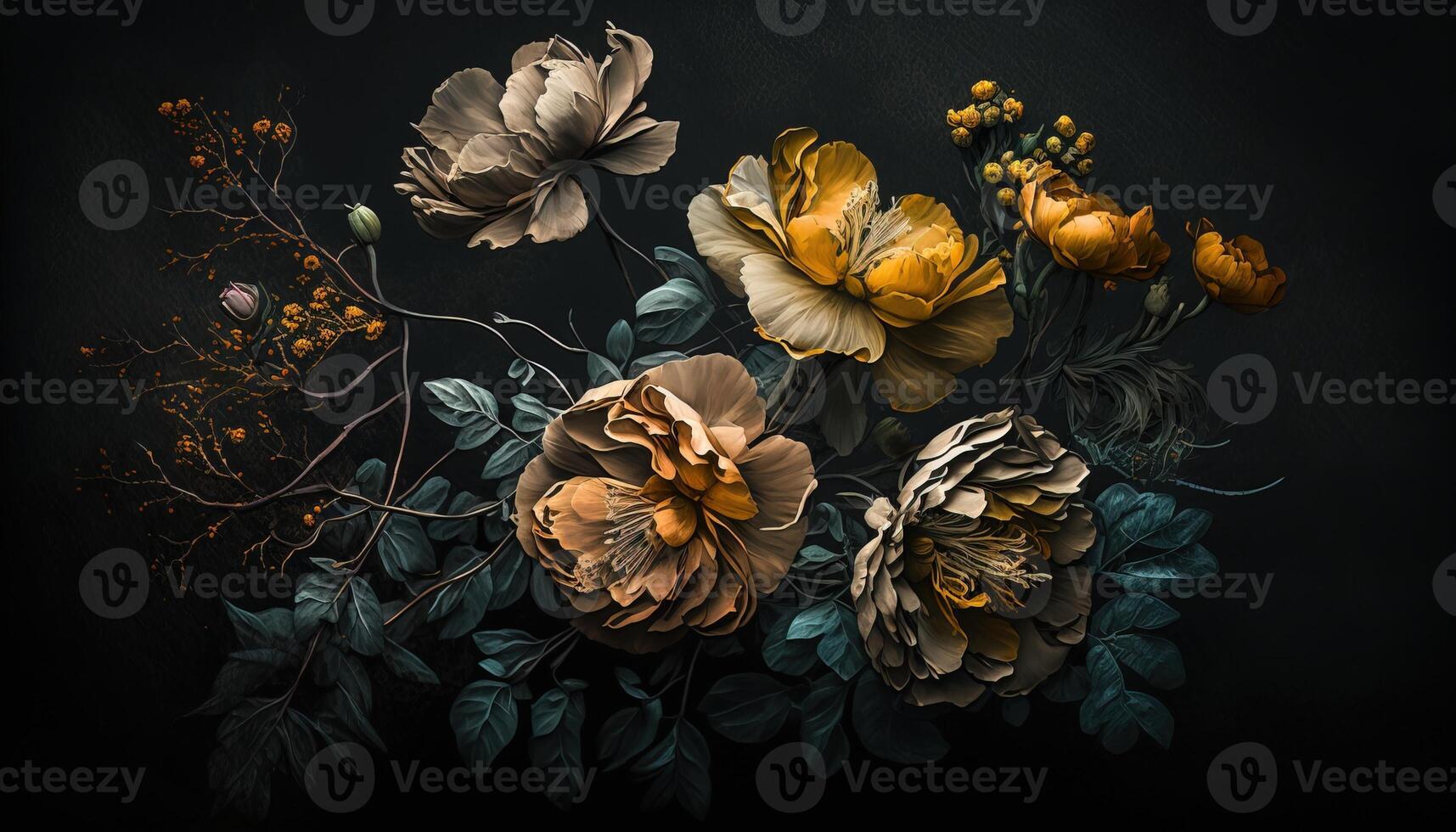 , Close up of blooming flowerbeds of amazing yellow flowers on dark moody floral textured background. Photorealistic effect. photo