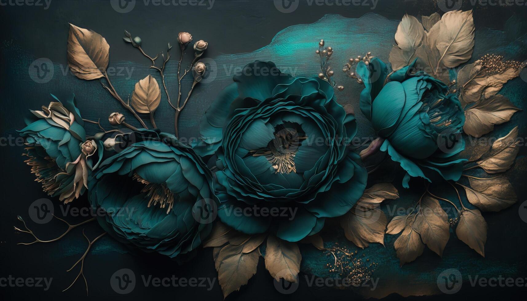 , Close up of blooming flowerbeds of amazing teal flowers on dark moody floral textured background. Photorealistic effect. photo