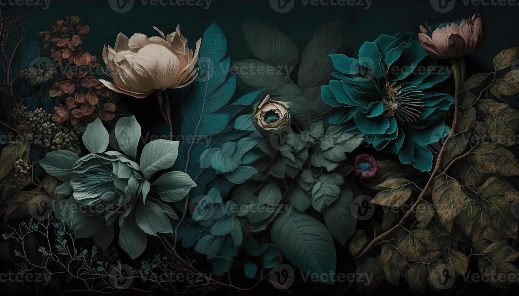 , Close up of blooming flowerbeds of amazing teal flowers on dark moody floral textured background. Photorealistic effect. photo