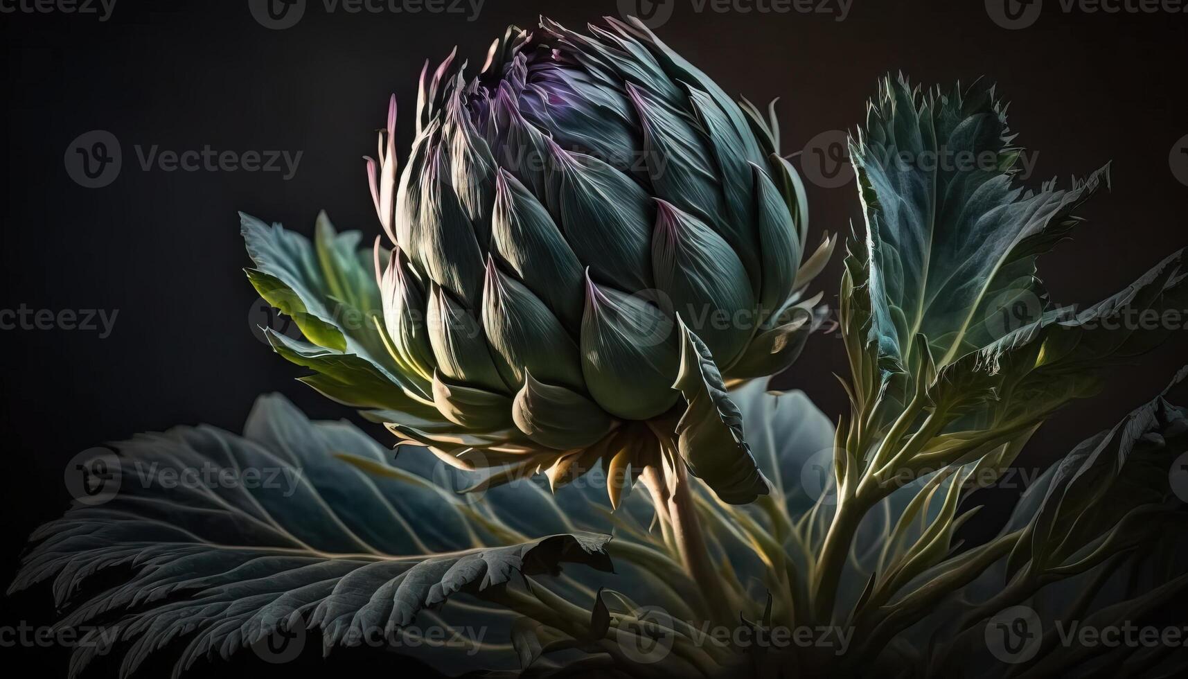 , Artichoke macro photorealistic illustration, agricultural vegetable. Nature organic healthy farm food concept, dark studio background. photo