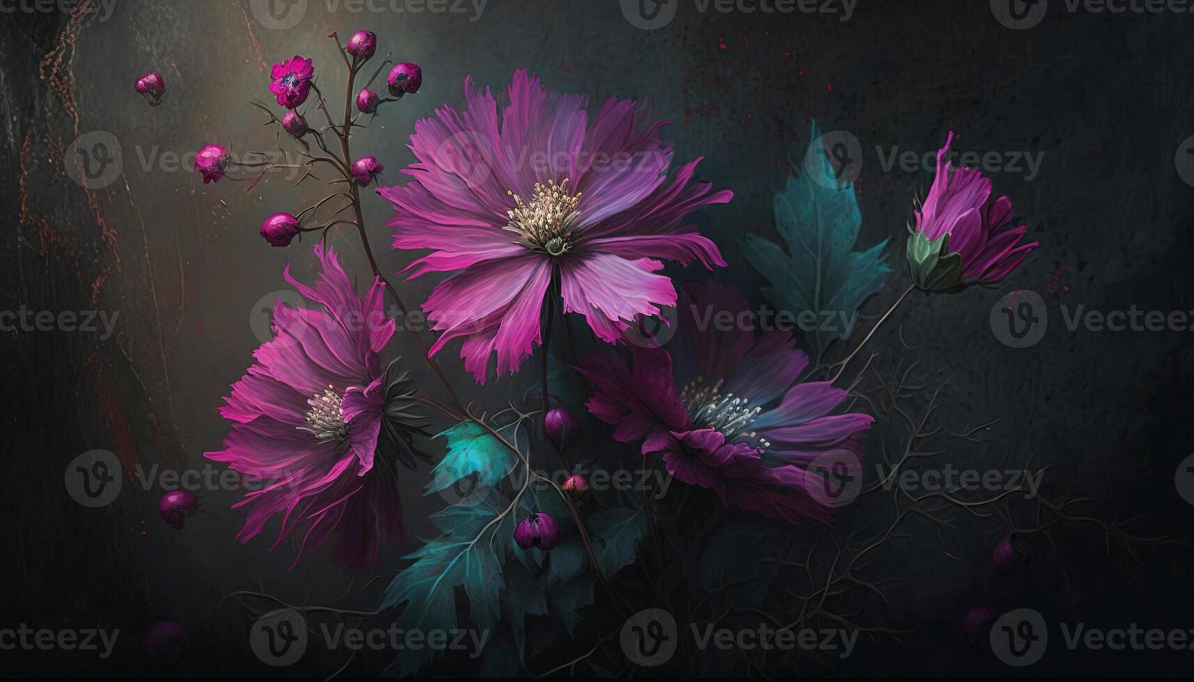 , Close up of blooming flowerbeds of amazing viva magenta flowers on dark moody floral textured background. Photorealistic effect. photo