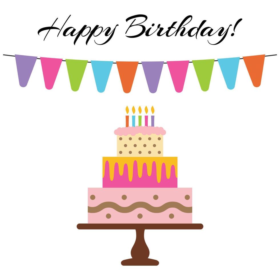 Greeting Card with Sweet Cake for Birthday Celebration. Vector illustration
