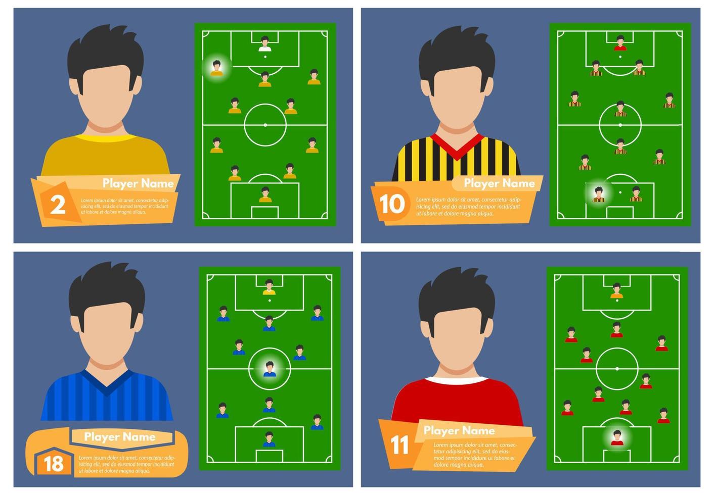 Set of four football players with a position on the field where they play. Soccer field for playing. Vector illustration