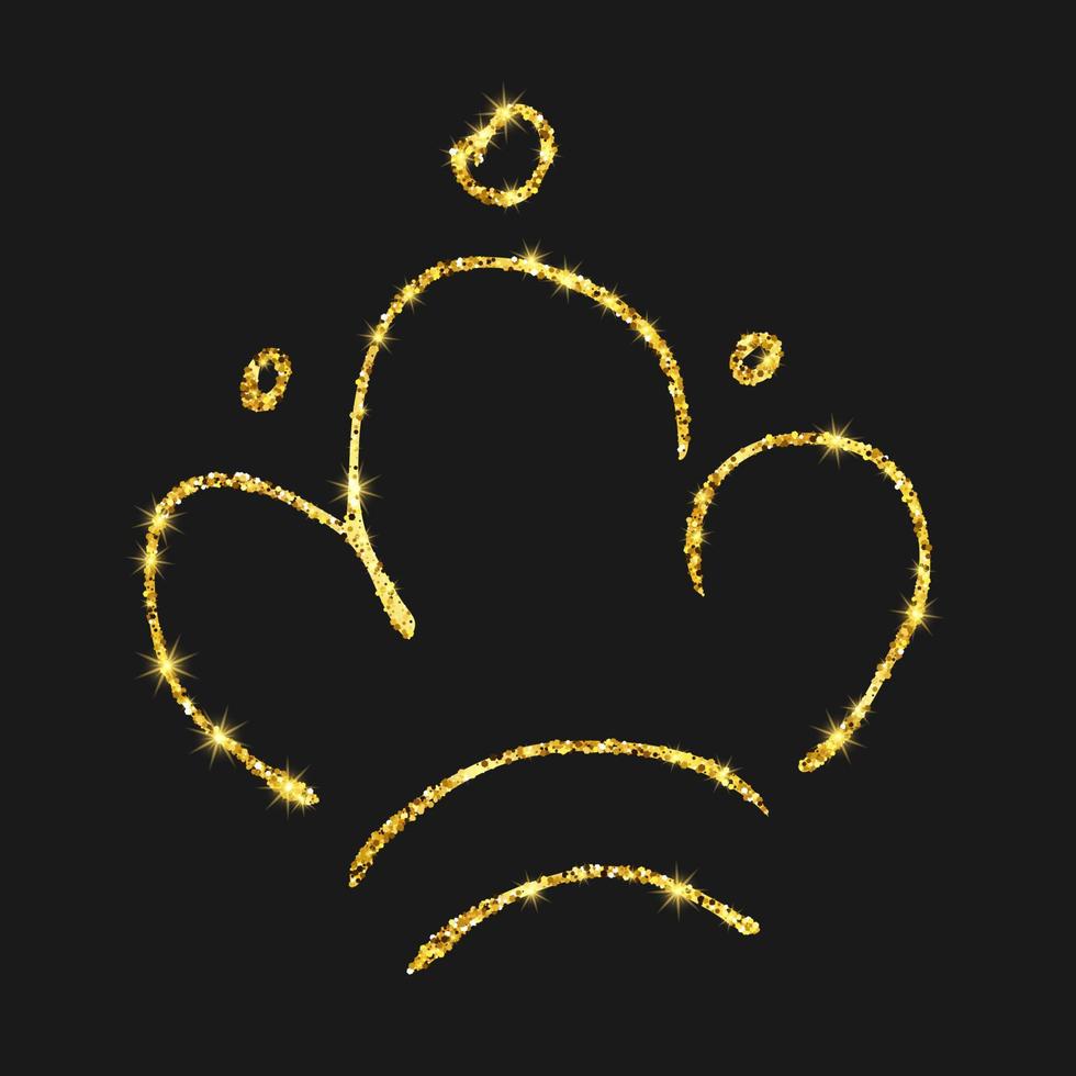 Gold glitter hand drawn crown. Simple graffiti sketch queen or king crown. Royal imperial coronation and monarch symbol isolated on dark background. Vector illustration.