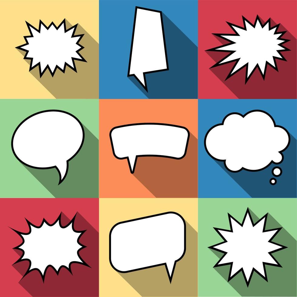 conjunto de nueve burbujas de discurso de globo cómico de dibujos animados en estilo plano. elementos de cómics de diseño sin frases. ilustración vectorial vector