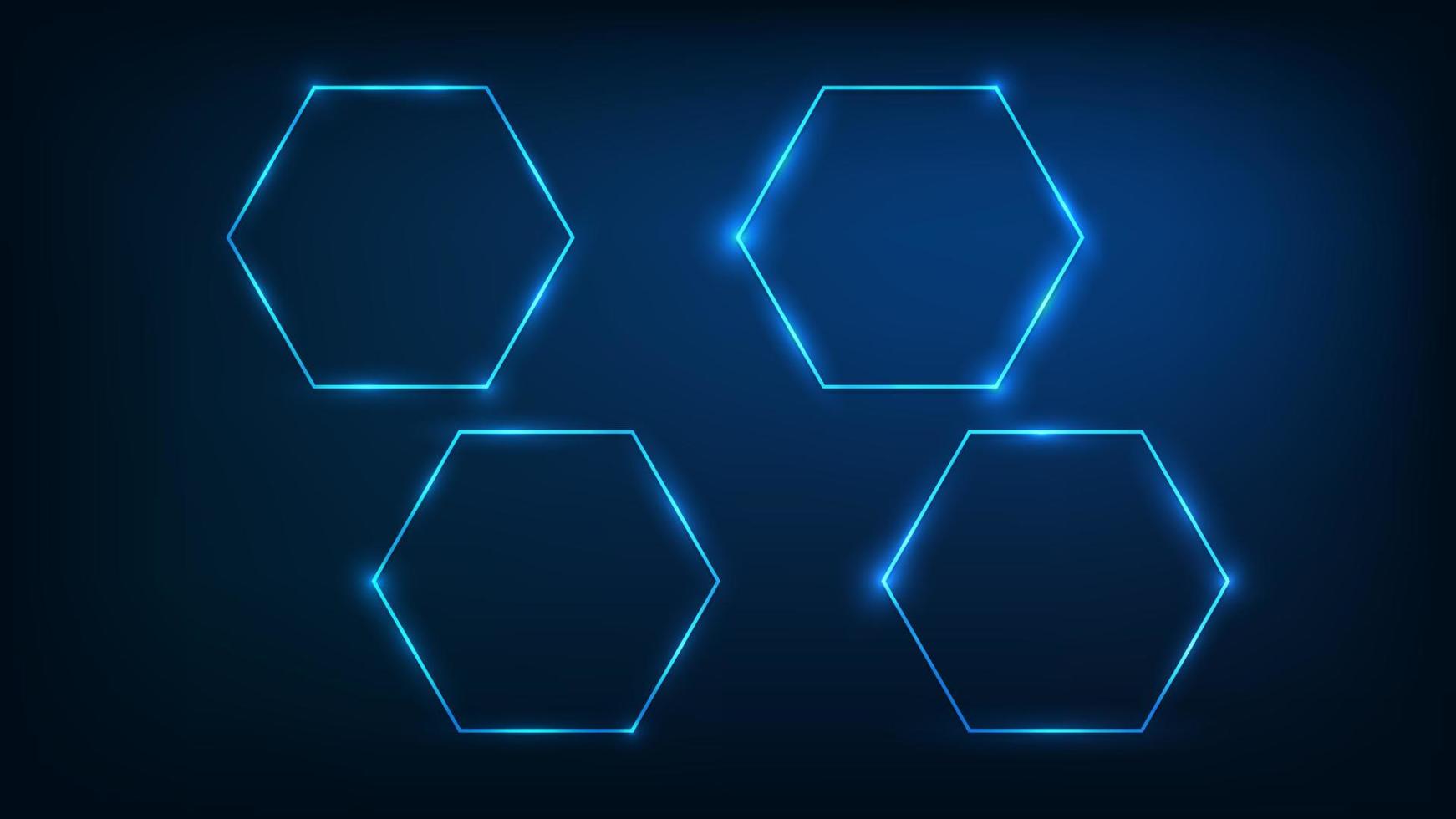 Set of four neon hexagon frames with shining effects on dark background. Empty glowing techno backdrop. Vector illustration.