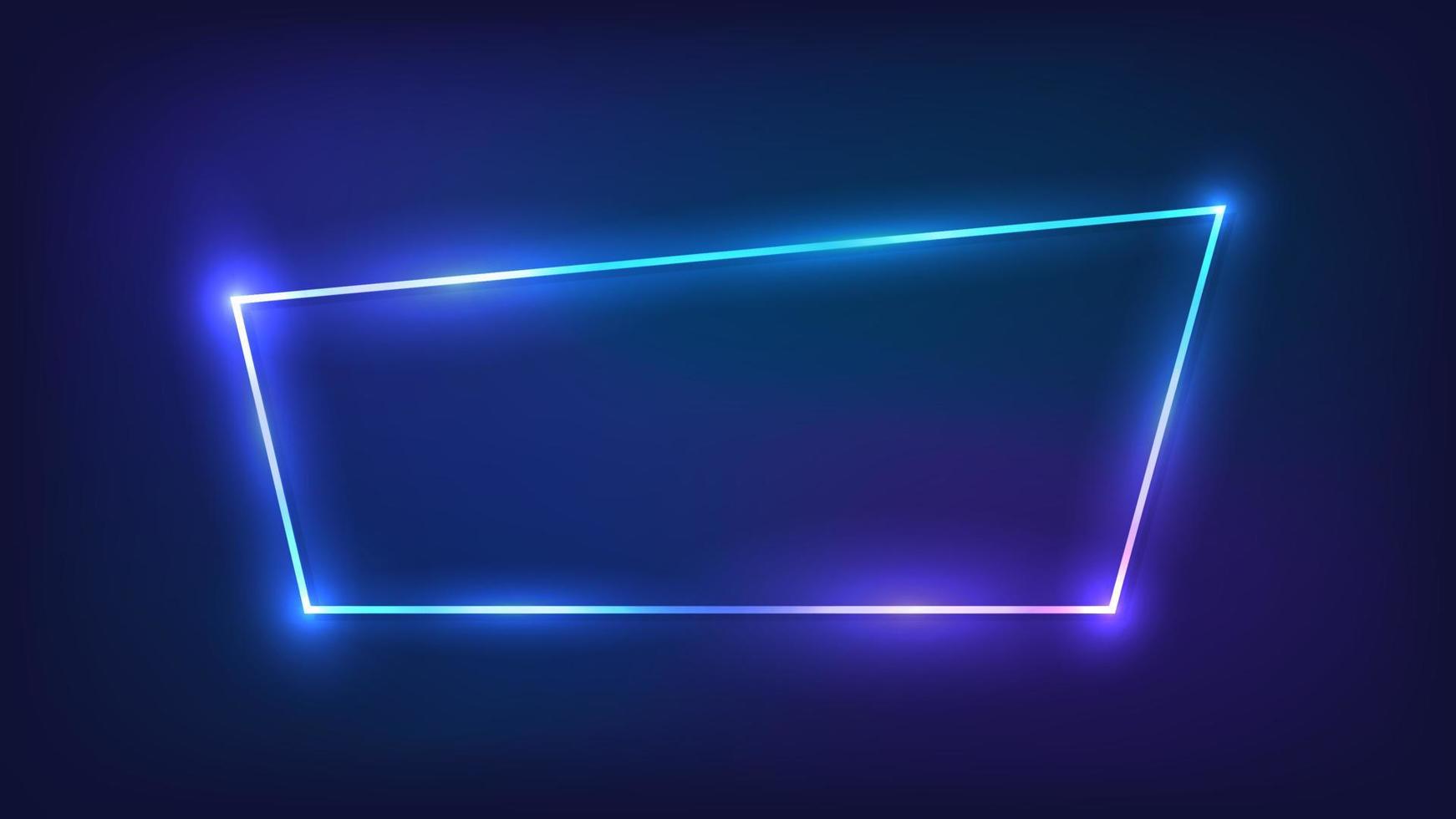Neon trapezoid frame with shining effects on dark background. Empty glowing techno backdrop. Vector illustration.