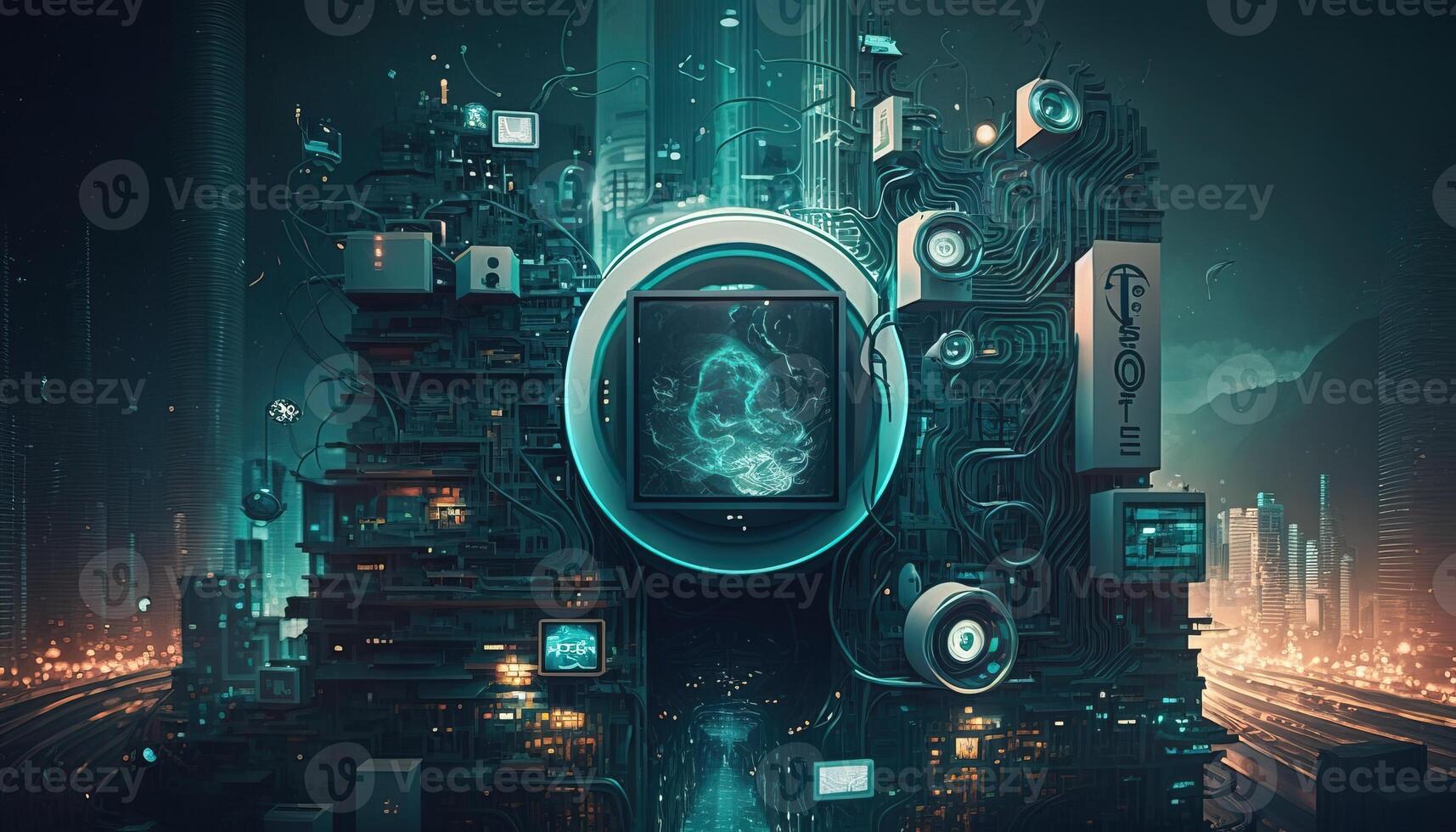 , Internet of things IOT devices and connectivity on a network, cloud at center, horizontal illustration. Technology concept, smart home. photo