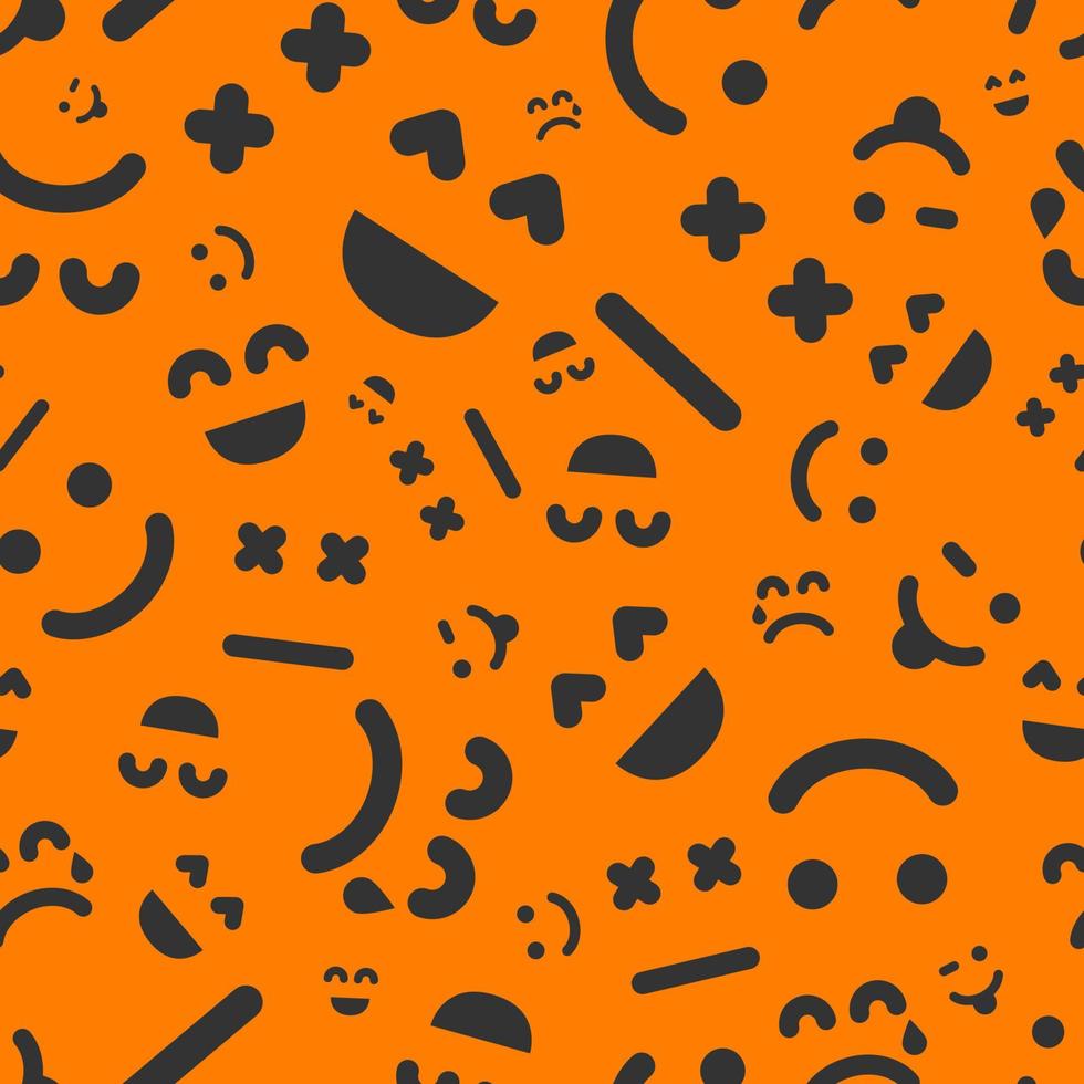 Cartoon faces with emotions. Seamless pattern with different emoticons on orange background. Vector illustration