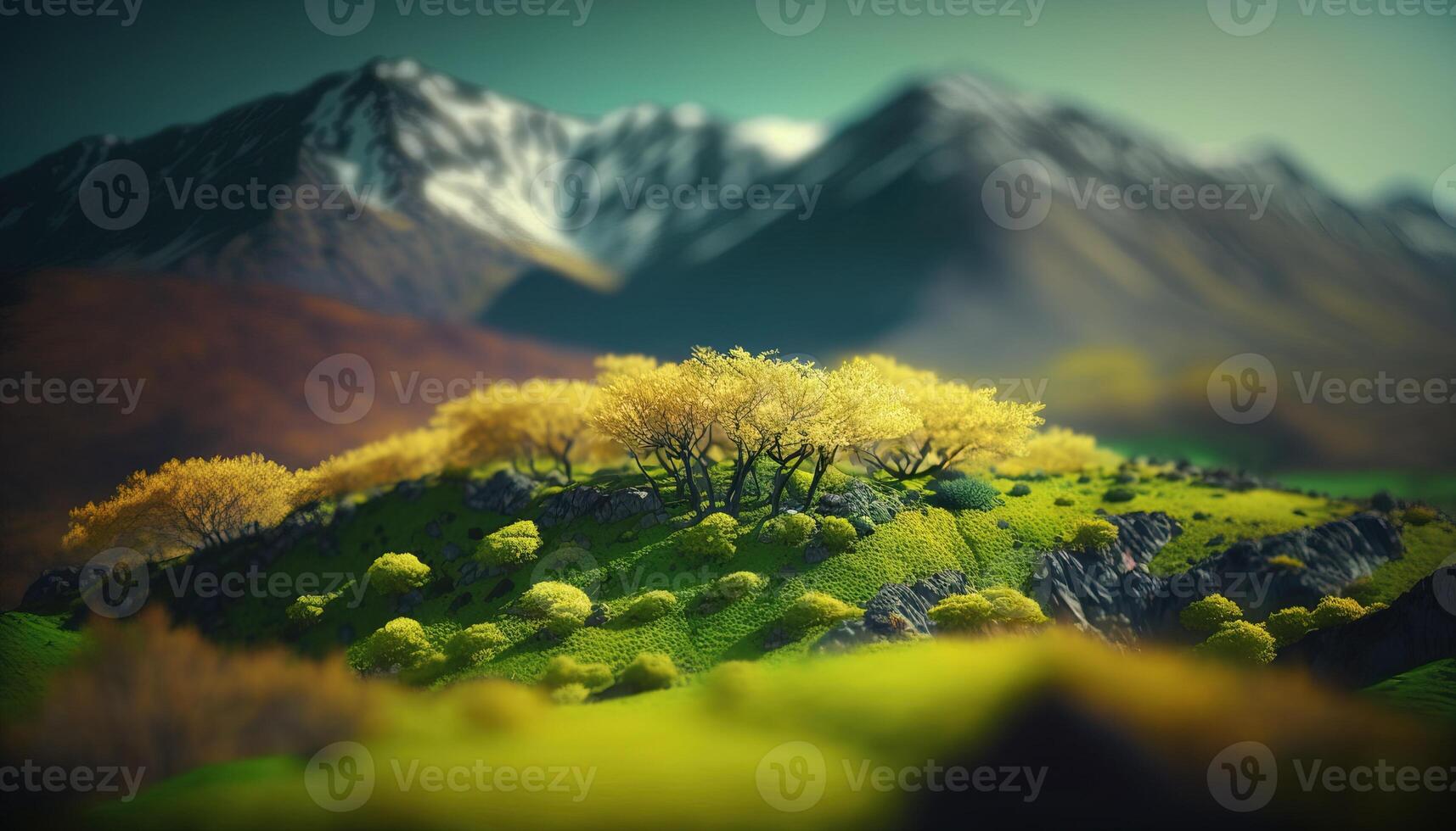 , Mountains spring green landscape, houses, trees, road, beautiful countryside. Nature Illustration, photorealistic tilt shift horizontal banner. photo
