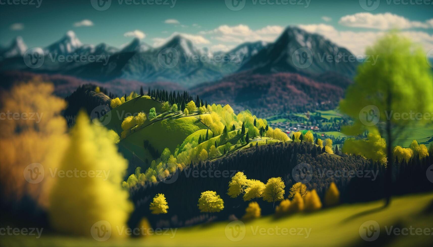 , Mountains spring green landscape, houses, trees, road, beautiful countryside. Nature Illustration, photorealistic tilt shift horizontal banner. photo